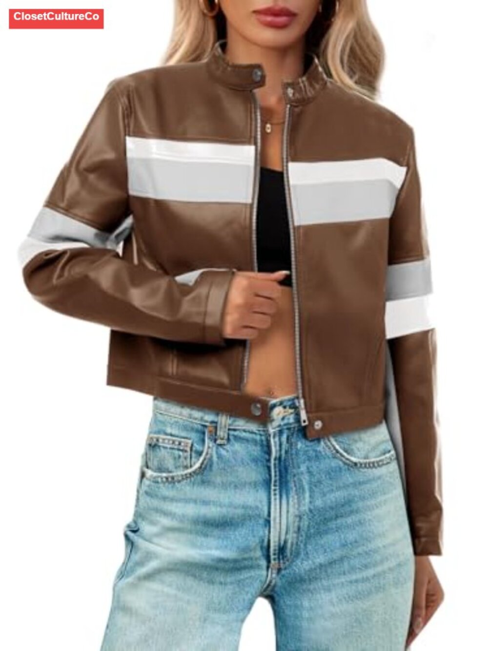 Faux Leather Cropped Moto Biker Jacket Bomber Racing Coat